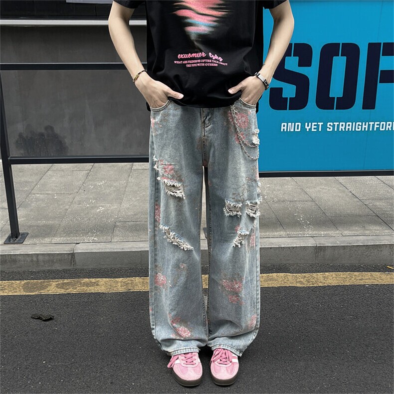 高街花卉破洞牛仔裤男女夏季痞帅满印裤子男牛仔裤潮NKS4126-p50,男装牛仔裤,星座302B