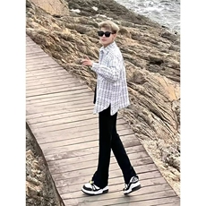 春季新款小香风休闲长袖设计感格纹上衣工装潮流宽松衬衫男款外套，男装衬衫，星座1210-1