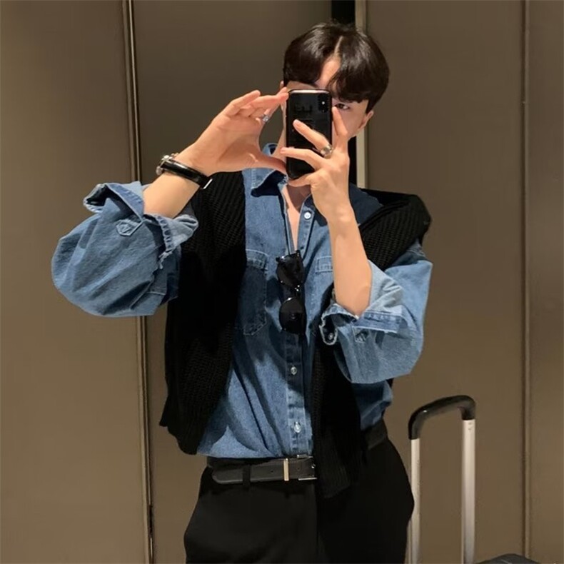 男士牛仔衬衫外套韩版潮流休闲宽松百搭翻领长袖MC22P48,男装衬衫,星座1116-2