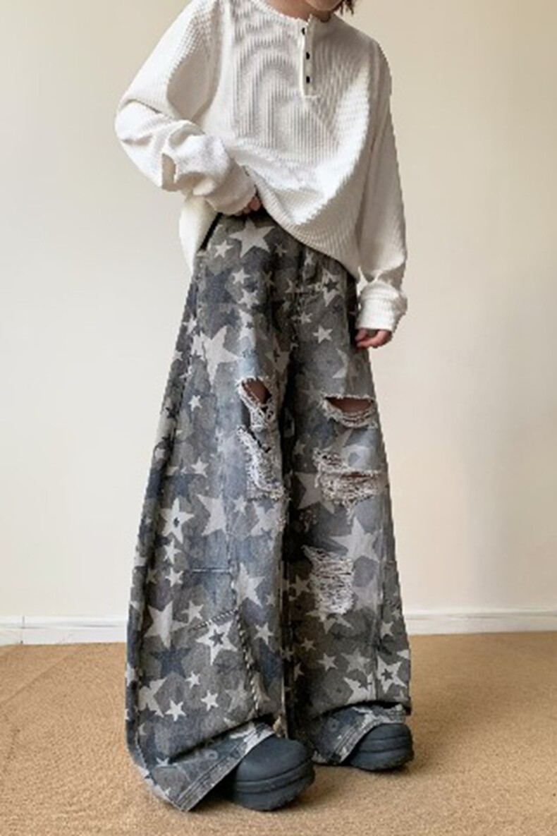 美式覆古星星满印工装休闲裤女秋季新款宽松百搭阔腿裤潮,女装休闲裤,星座218-8