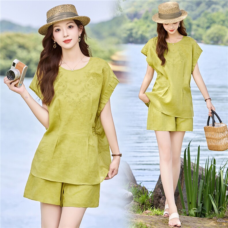 亚麻短裤套装女2025夏季新款新中式国风松弛感休闲减龄穿搭一整套，女装套装/套裙，歌伊格美