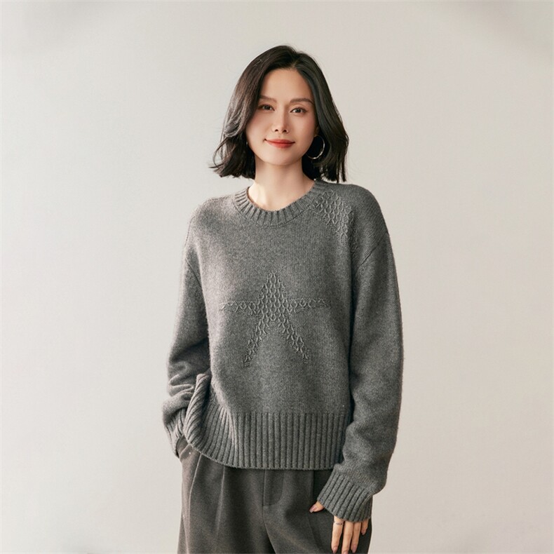 2025年秋季星星绞花纯色针织套头上衣女,针织衫/毛衣,鸥蕊娅羊绒