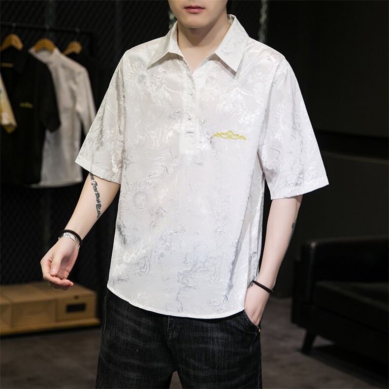 2025新款男士夏季提花短袖T恤衬衫翻领汉服刺锈A227-T2117-P55,男装T恤,电商A227A