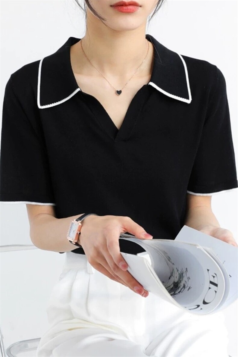 2025夏季薄款冰丝针织T恤女翻领短袖宽松纯色大码凉感polo上衣,女装T恤,朝辰羊绒