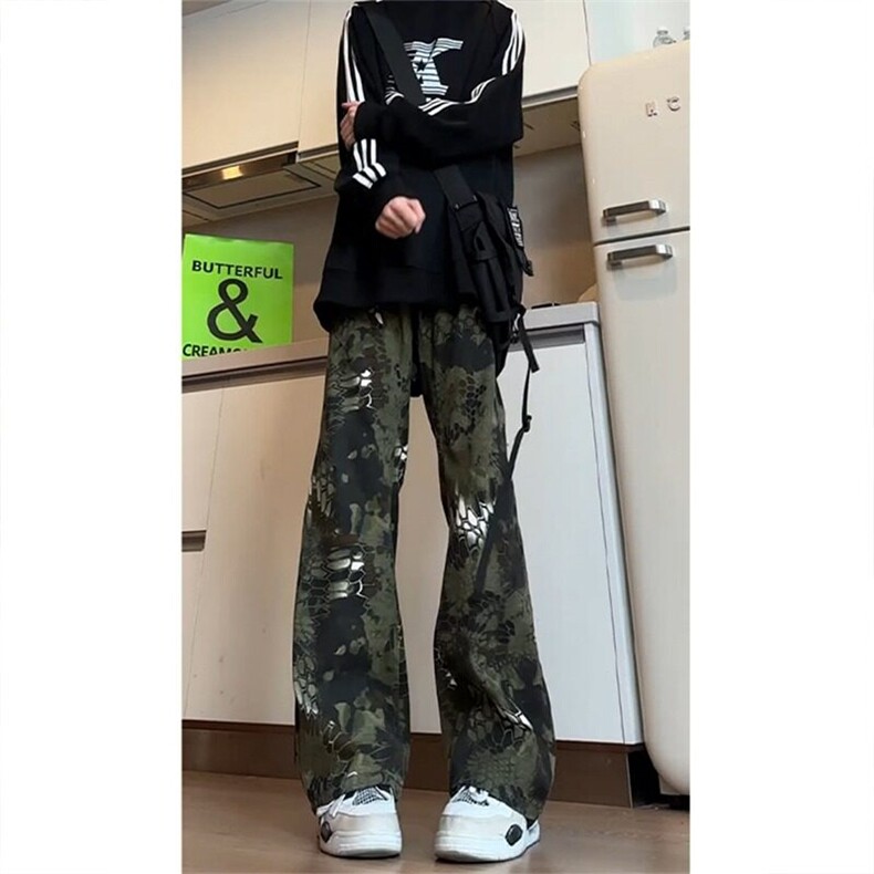 W9788-P43网图现货蛇纹迷彩工装牛仔裤潮牌痞帅美式直筒微喇裤,男装牛仔裤,星座1608-2