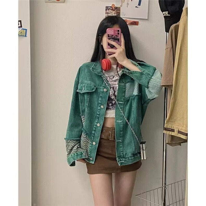 美式复古牛仔外套女春秋宽松拼接百搭vintage休闲夹克上衣ins潮牌,男装工装外套,星座506A