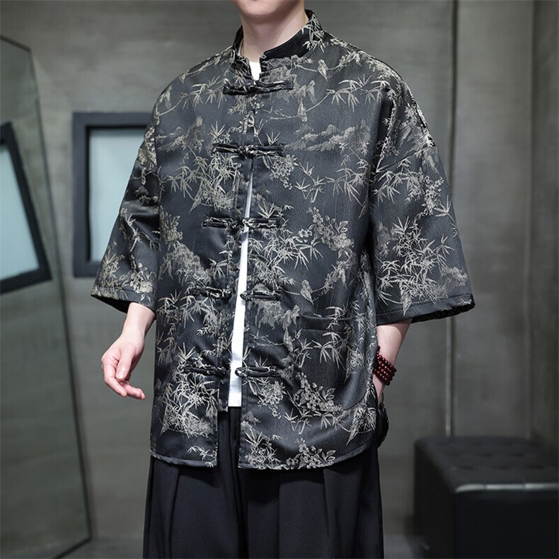 现货男士大码新中式提花竹叶小鸟花缎面短袖衬衫T2561-P65,男装衬衫,电商A021