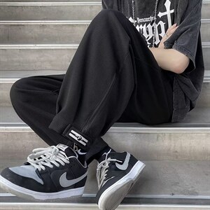 华夫格拉链休闲裤男夏季新款港风ins宽松束脚运动卫裤 K3927-P34图片