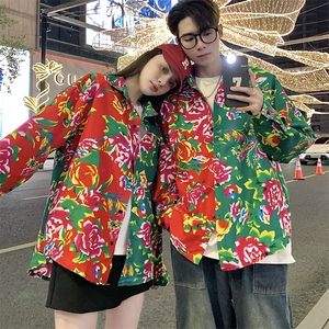 PC203情侣休闲东北大花拼接长袖衬衫外套男女宽松寸衣汉服演出服图片