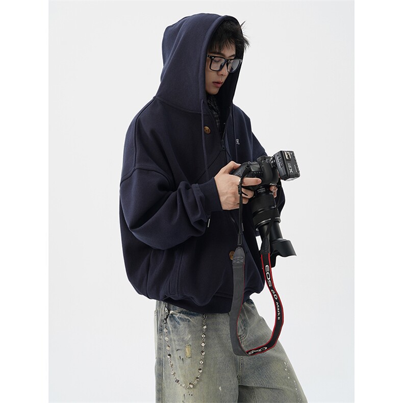 秋冬新款高品质藏青色连帽卫衣外套男美式宽松设计感小众WY23P78,男装卫衣,电商D206-1