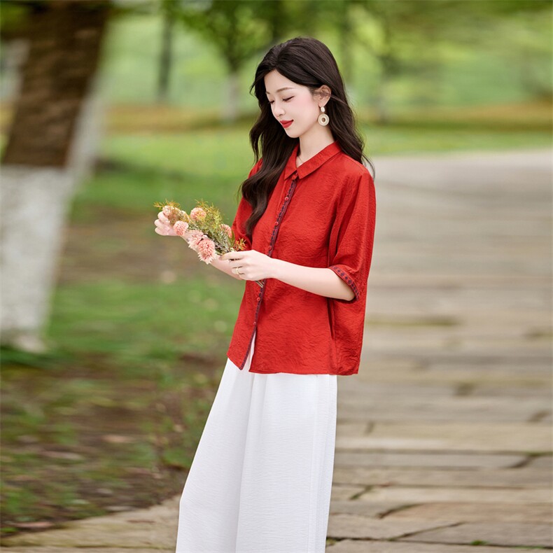 时尚洋气刺绣棉麻套装女2026夏季新款宽松遮肉显瘦阔腿裤两件套,女装套装/套裙,魅影