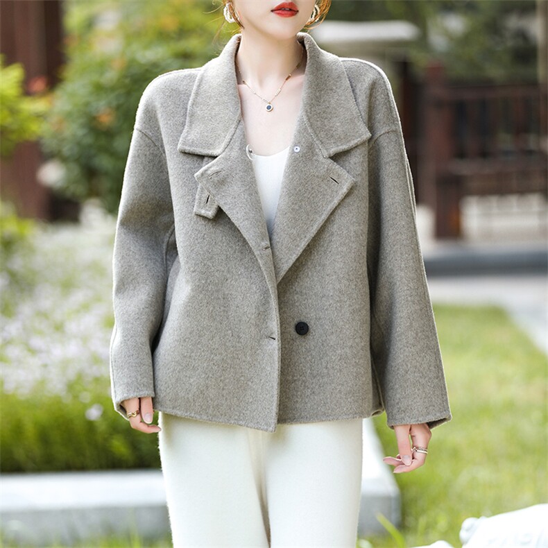 秋冬新款简约大方时尚百搭气质羊毛大衣黑色显瘦宽松外套女,女装双面呢大衣,豪顺羊绒
