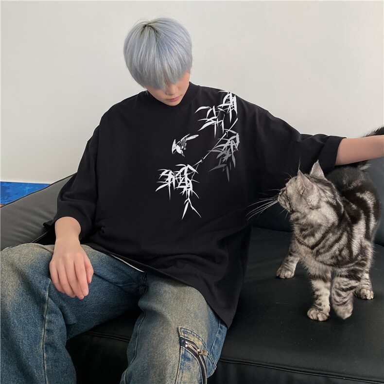 抖音品质直播得物风新中式竹叶印花短袖T恤dcm298-特批20控38,男装T恤,星座605(原A050)