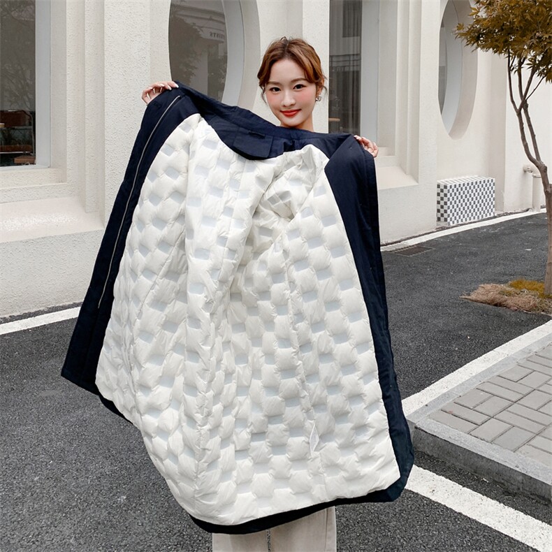 2026冬季新款藏青色复古长款带披肩90白鸭绒2C053批355控498,女装羽绒服,2C053