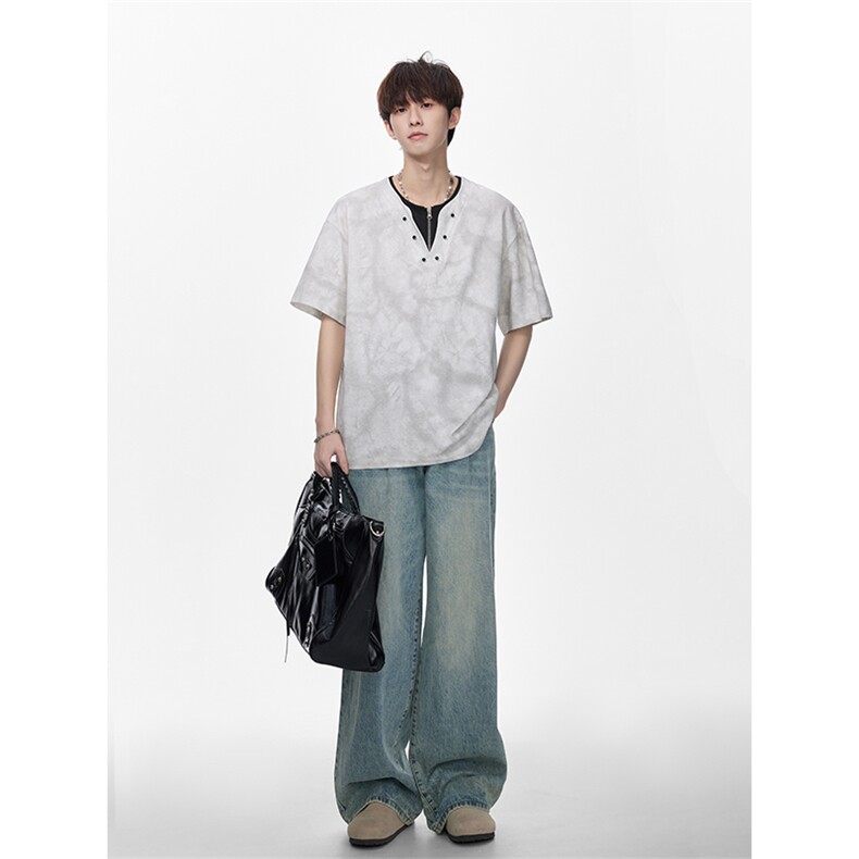 扎染短袖X7169-TP4068丁字领设计感半拉链高街短袖T恤衫男,男装T恤,电商A102