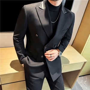 厚款双排扣条纹高品质拼皮西装外套XK931配套西服黑色DX931-P153