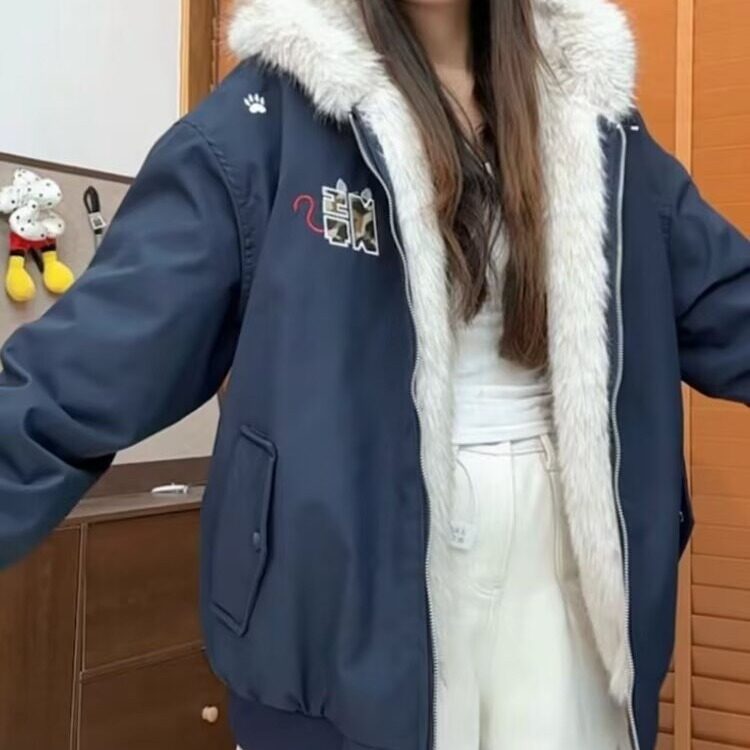 2025冬季美式复古毛领刺绣连帽开衫棉服男女潮牌春秋情侣保暖外套,男装棉衣,星座506A