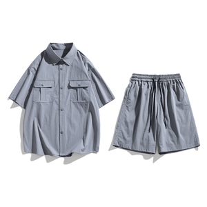 夏季套装男高品潮牌五分袖衬衫大码短裤两件套DSA157-1-C70-P85