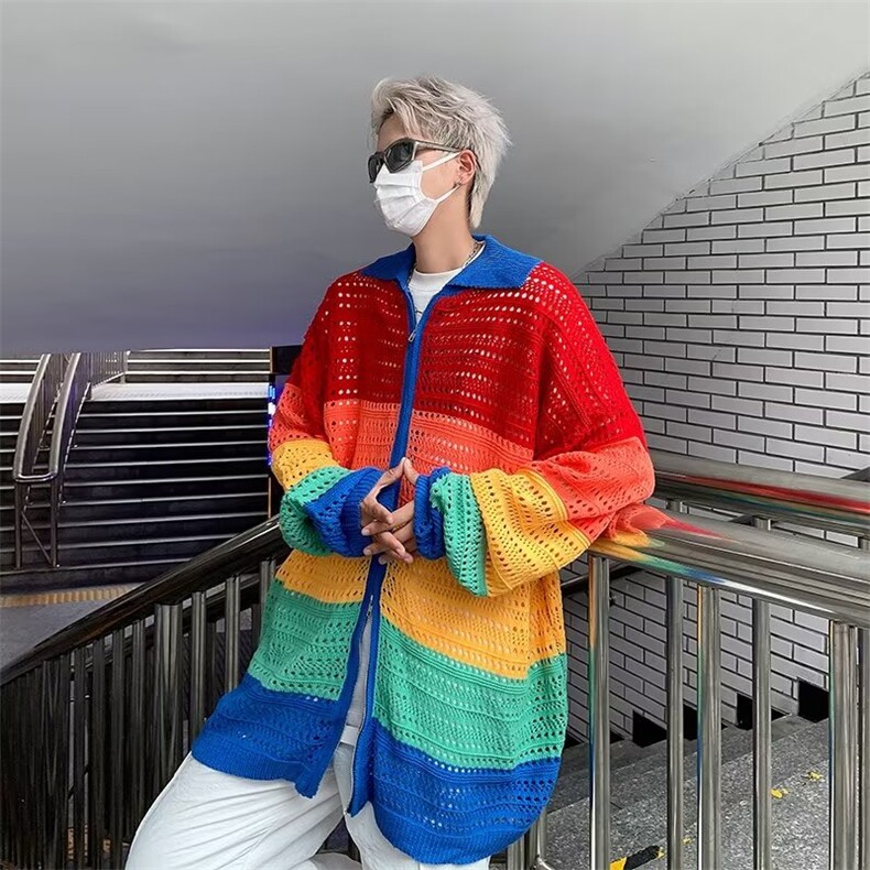 美式潮牌多巴胺彩色条纹镂空拉链针织开衫毛衣MY217-P48,男装针织衫/毛衣,星座1109-3