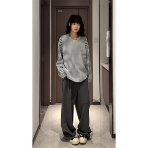 美式高街千鸟格子长袖T恤男女亨利V领英伦雅痞休闲宽松长袖打底衫图片