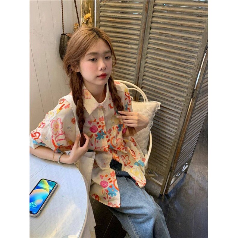 W368-P30复古个性涂鸦印花短袖衬衫夏季设计感宽松休闲花衬衣,男装衬衫,星座911-1