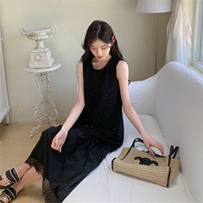 黑色轻熟风亮片拼接蕾丝连衣裙女2025夏季新款法式显瘦无袖背心裙，女装连衣裙，2C285