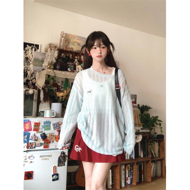 【网图有货】镂空破坏防晒罩衫女薄款针织长袖t恤CX001CC-特P45,男装防晒衣,星座1007（原301D）