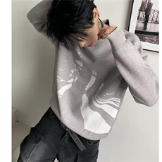 AA1808P50宽松型美式复古印花毛衣长袖针织衫，男装针织衫/毛衣，电商B323A