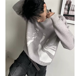 AA1808 P50宽松型美式复古印花毛衣长袖针织衫图片