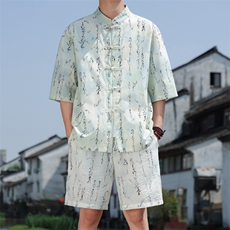 2025夏季新款男装风冰丝印花盘扣唐装套装短袖+短裤A109-P80，男装休闲套装，电商B277(原6028)