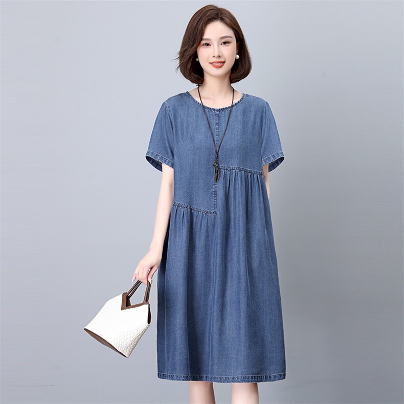 时尚显瘦牛仔连衣裙女夏季新款宽松大码短袖裙子,女装连衣裙,悦见她