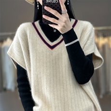 100%羊毛衫马甲背心女秋冬新款V领宽松拼色无袖毛衣羊绒针织坎肩，女装马甲，琳华羊绒