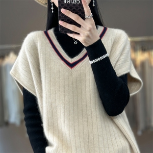 100%羊毛衫马甲背心女秋冬新款V领宽松拼色无袖毛衣羊绒针织坎肩图片