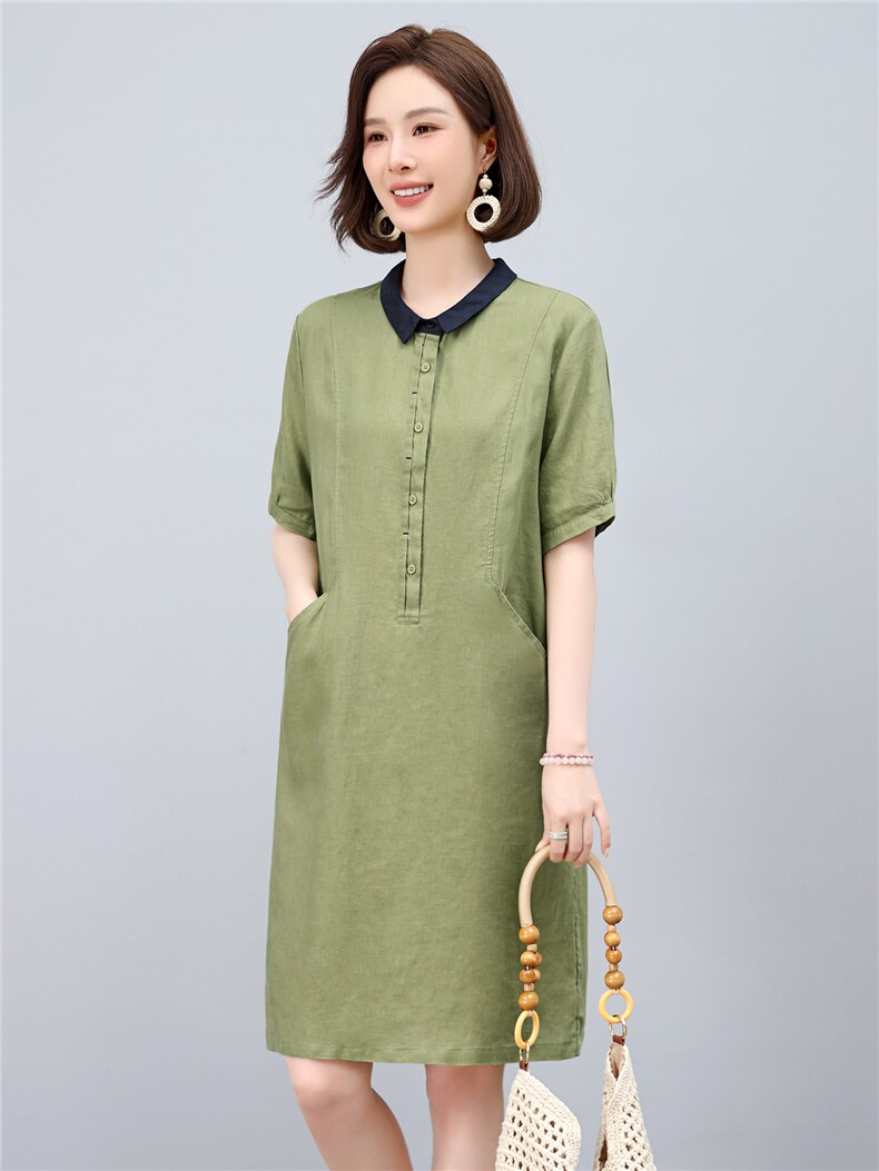 2025年夏季优雅气质天丝亚麻小翻领半开时尚休闲连衣裙,女装连衣裙,依恋蒂丝