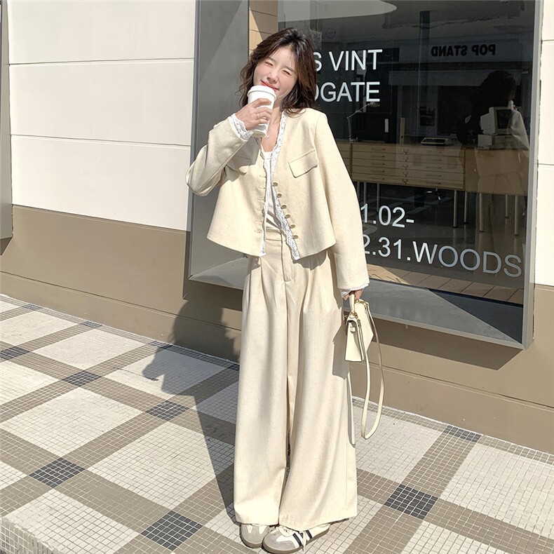 米色韩系蕾丝拼接小香风套装女2025秋高级感洋气休闲阔腿裤两件套图片