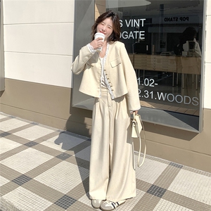 米色韩系蕾丝拼接小香风套装女2025秋高级感洋气休闲阔腿裤两件套图片