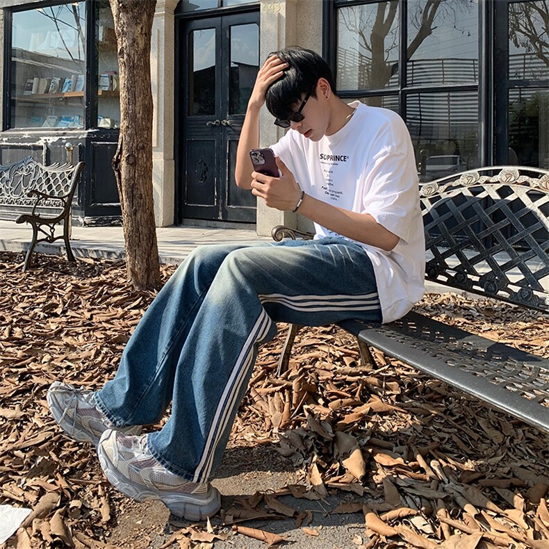 美式高街vibe水洗做旧侧边条纹牛仔裤男ins潮牌宽松直筒显瘦裤子,男装牛仔裤,星座601-2