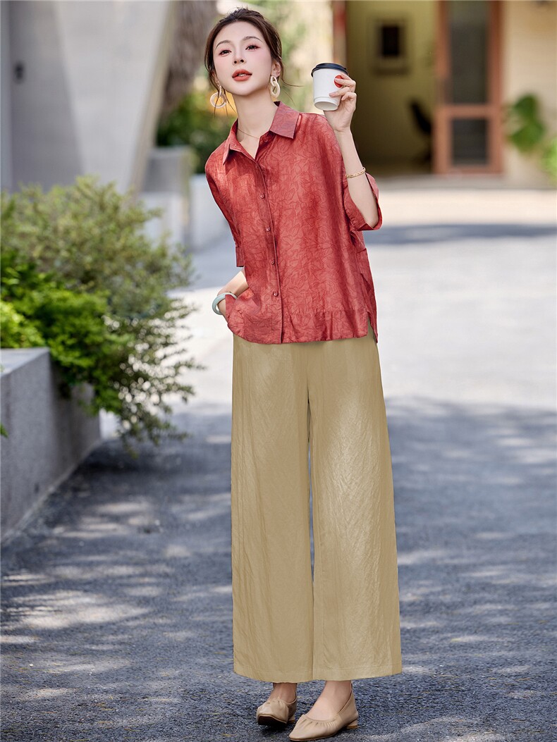 长期有货2026年夏季冰天丝时尚休闲两件套装提花衬衫休闲阔腿裤女,女装套装/套裙,璐依舞