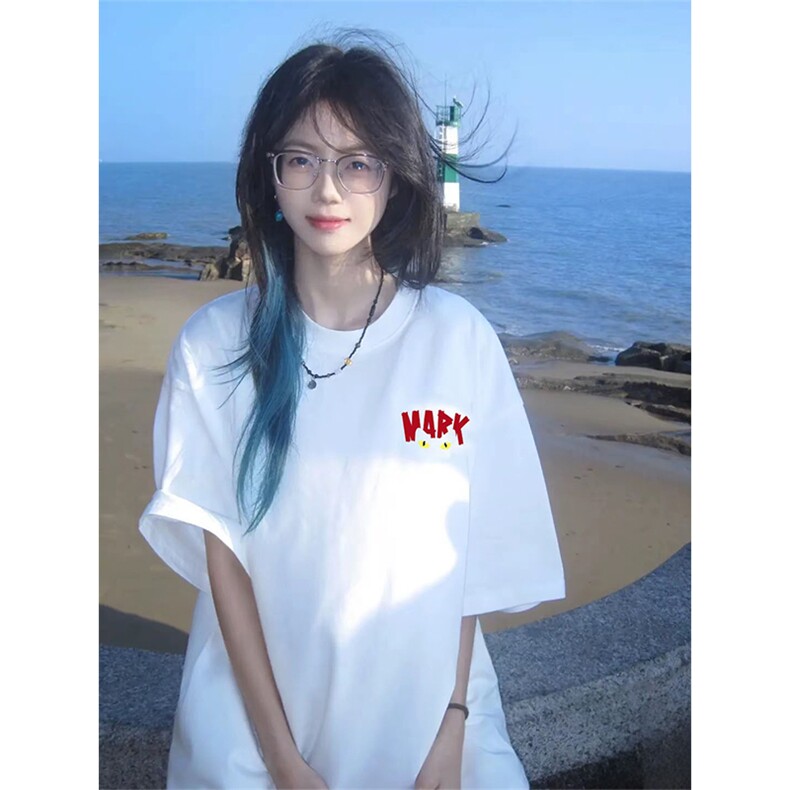 抖音得物 210克现货宽松纯棉美式潮牌印花落肩袖纯棉T恤AT21118图片