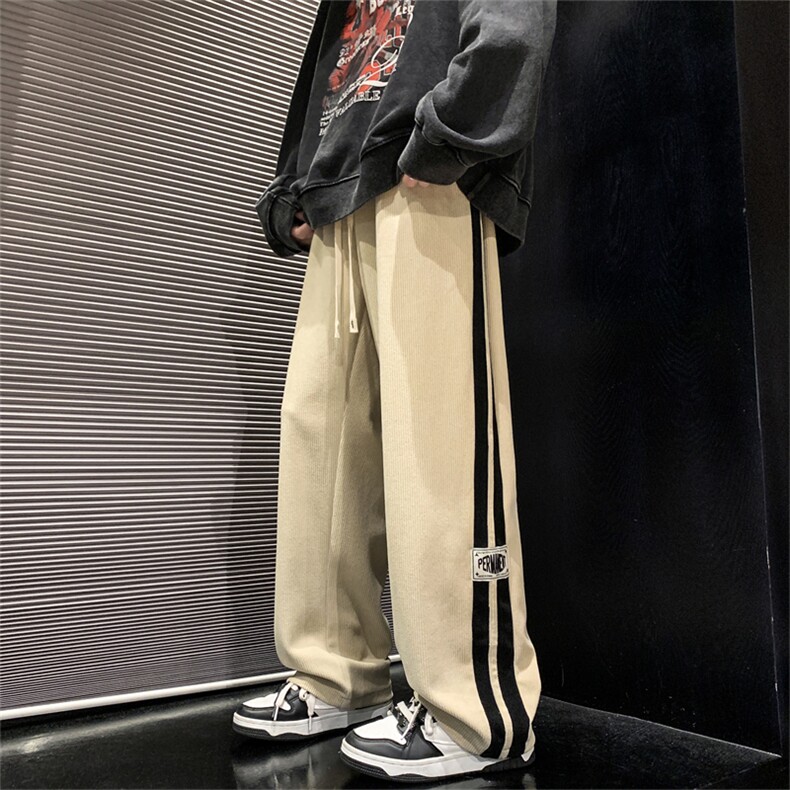 胖胖哥复古条纹裤子男款加绒加厚秋季潮牌宽松大码运动休闲长裤,男装休闲裤,电商D229A