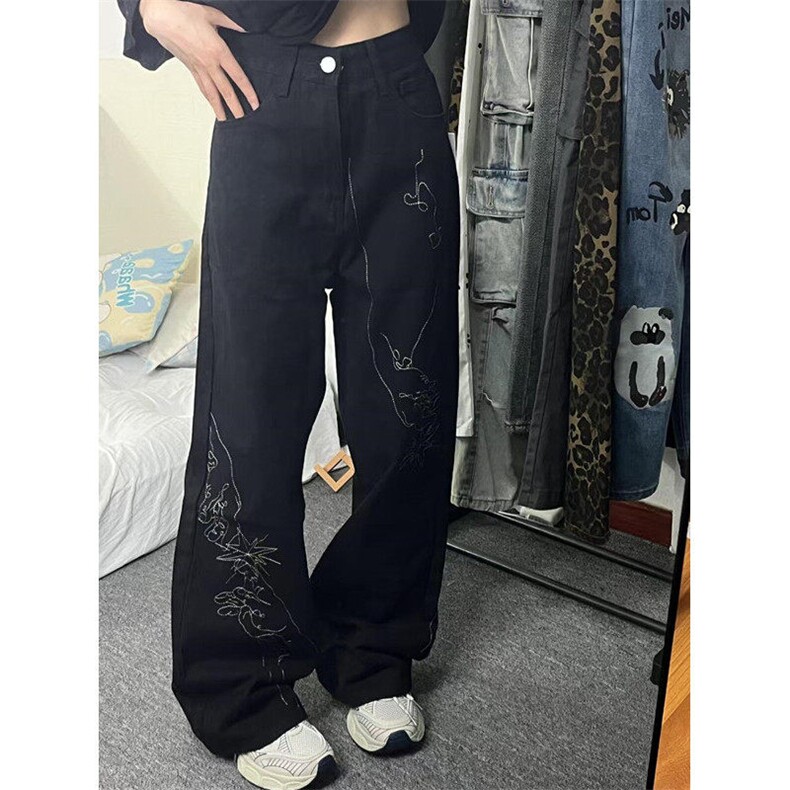 设计感小众手绘图案刺绣牛仔裤男复古渐变宽松直筒阔腿裤NU52,男装牛仔裤,星座1116A（原606A-3）