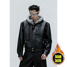 现货冬季美式潮牌痞帅PU皮机车服棉衣毛毛绒狼王座山雕皮棉服，男装棉衣，电商A443