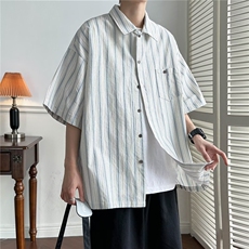 条纹短袖衬衫男夏季薄款潮牌青少年宽松半袖上衣宽松潮流衬衣外套，男装衬衫，星座601-2