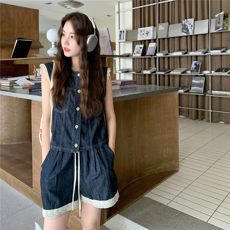 韩版复古蕾丝花边牛仔马甲高腰短裤套装女2025夏新款小个子两件套,女装套装/套裙,2C225
