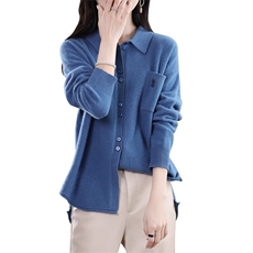 春秋新款刺绣100%纯羊毛开衫女POLO领衬衣宽松毛衣针织羊绒衫外套，女装羊毛衫，梵泰羊绒