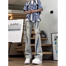 扎染破洞牛仔裤男款夏季潮牌痞帅炸街裤子美式高街显瘦直筒微喇裤，男装牛仔裤，星座218-1（原230）