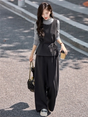 春秋套装裤女2025新款复古小香风绑带收腰打底衫马甲阔腿裤套装裙，女装套装/套裙，流量+