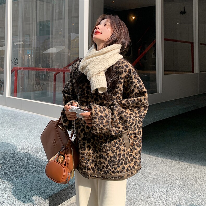 豹纹轻熟御姐风羊羔毛外套女秋冬2025新款气质超好看爆款保暖棉服,女装毛呢外套,2B188