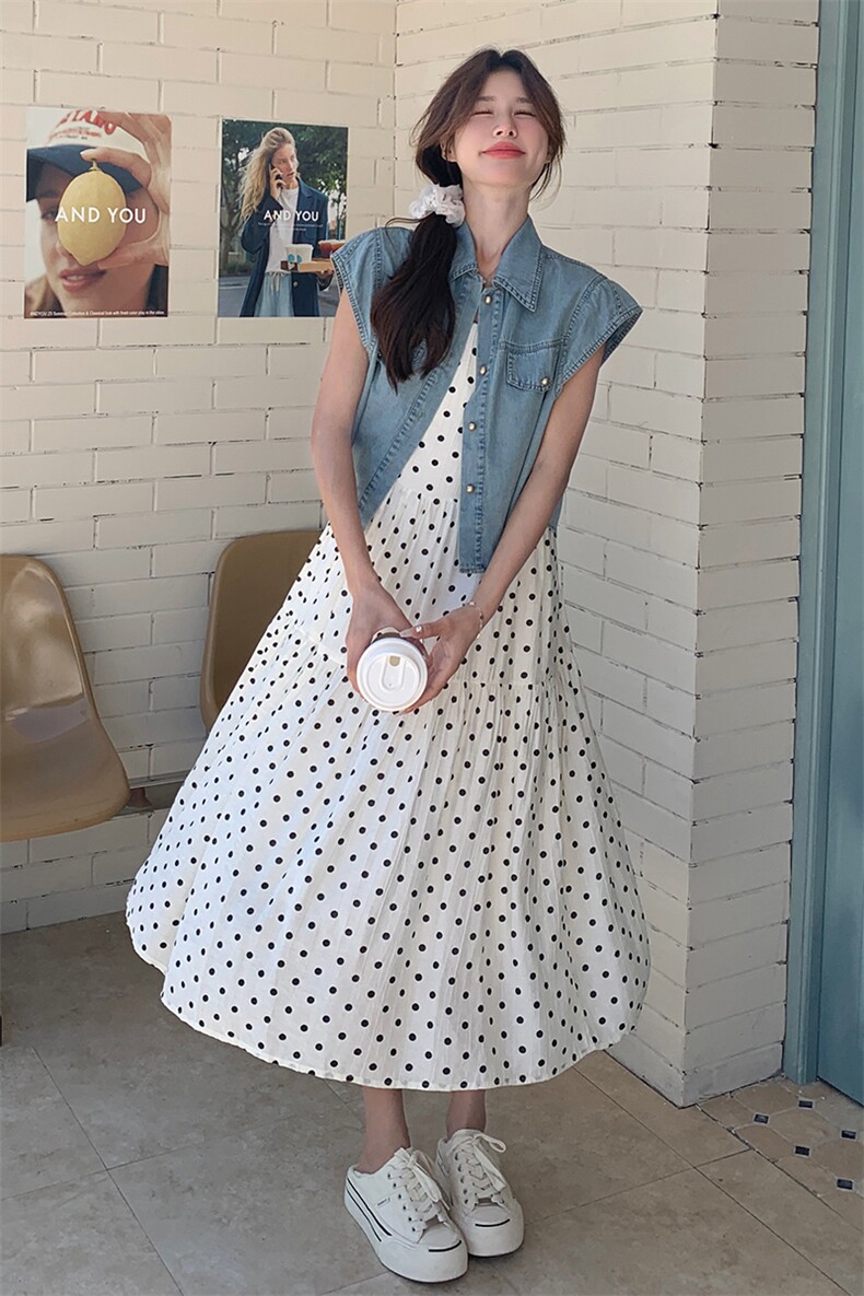 现货【2025夏新】波点吊带裙+牛仔外套套装2C037383P145K198,女装套装/套裙,2C037