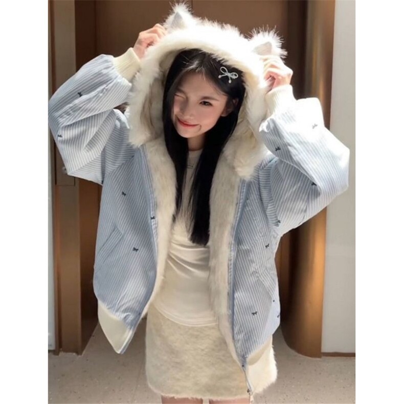 甜美毛绒绒猫耳朵棉服女冬季双面穿座山雕学院风棉衣外套M3623,男装棉衣,星座1116A（原606A-3）